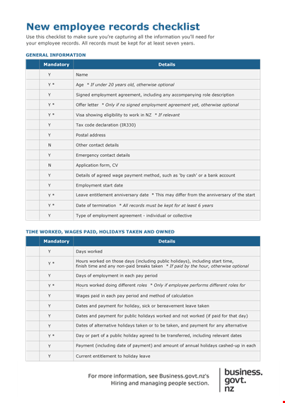 complete new employee records checklist: payment, holidays, worked template