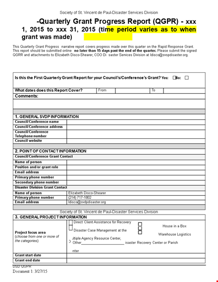 quarterly grant report template template