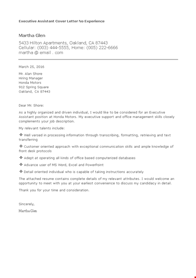 executive assistant cover letter no experience example template