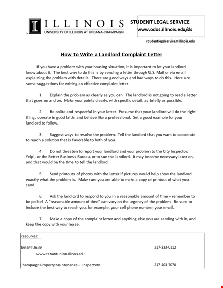 sample landlord complaint letter - addressing problems with your landlord in illinois template