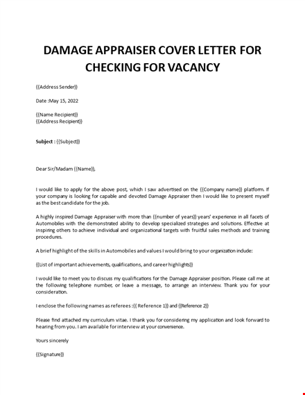 damage appraiser application letter template