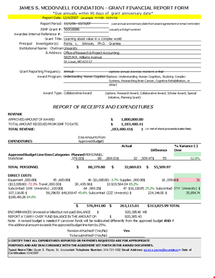 grant financial report template template