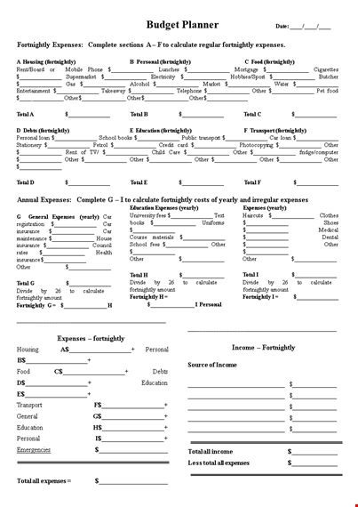 fortnight budget planner: track expenses, set budget, calculate total, manage income template