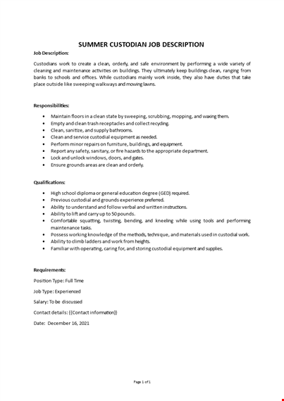 summer custodian job description template