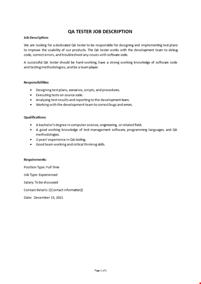 qa tester job description template