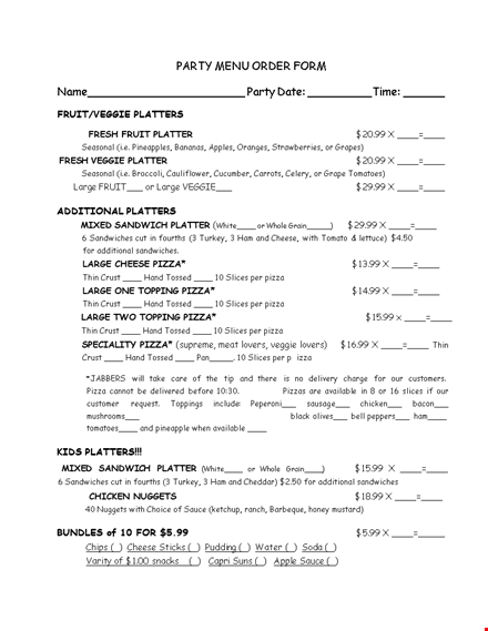 menu order for party template