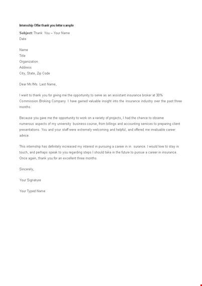 internship offer thank you letter template template