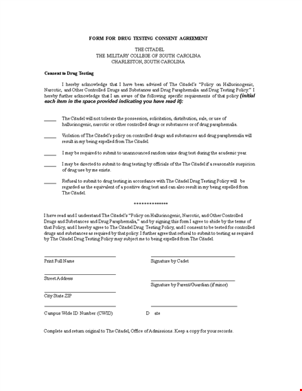 drug testing consent agreement form template
