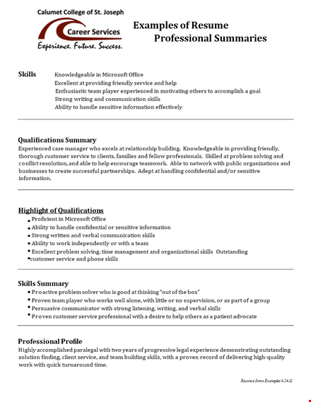 resume professional summary: key skills & information for people & ideas. template