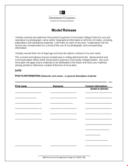 college model release form | information & district requirements - grossmont template