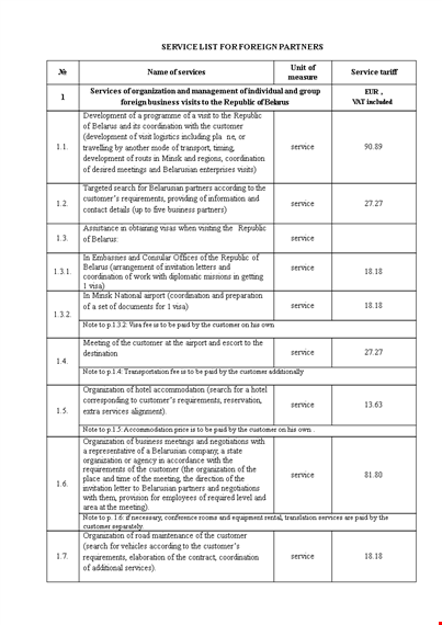 service list for foreign partners template