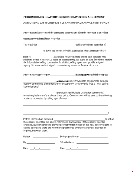 commission agreement template for agents: commission, selling, petros homes template