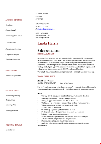 sales consultant experience resume - expert in sales, customer service, and product promotion template