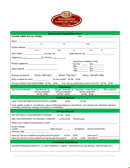 landscape employment application form template