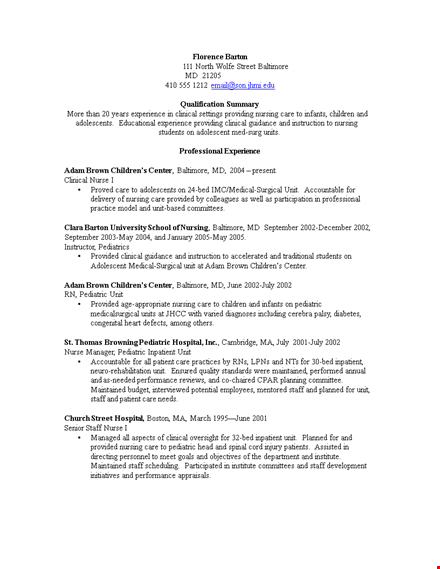 experienced nurse resume template: nursing specialist for children in baltimore template