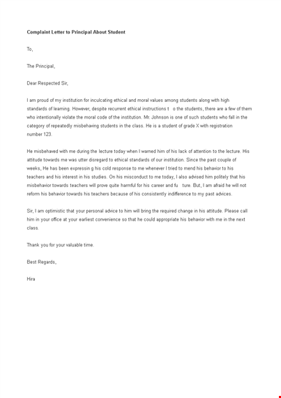 complaint letter to principal about student template