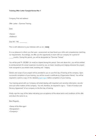 company training offer letter template