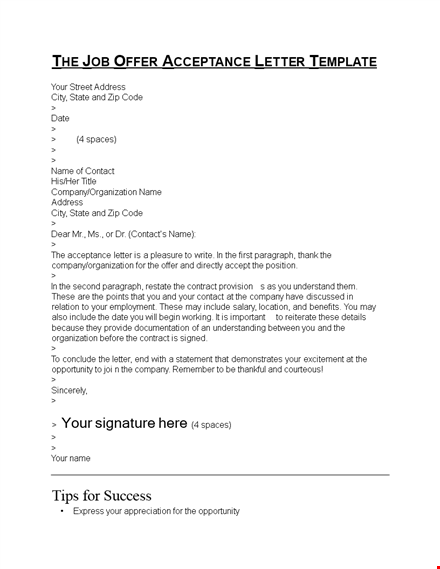 job offer acceptance letter format template
