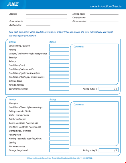 free home inspection checklist template - assessing comments, water condition, rating template