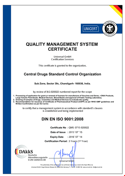 quality management system certificate template