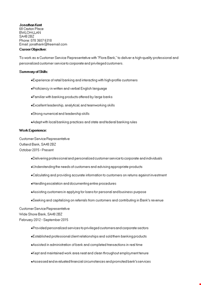 retail banking customer service resume template