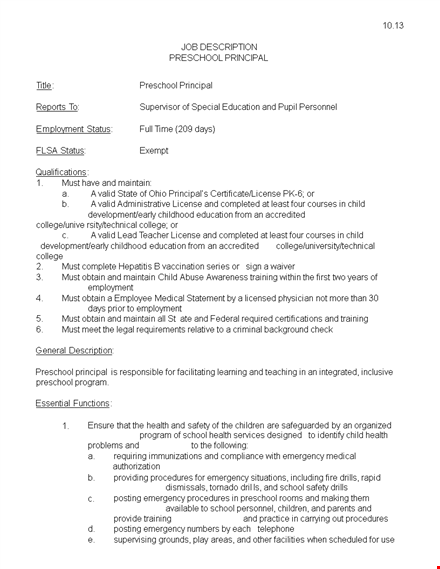 preschool principal job description template