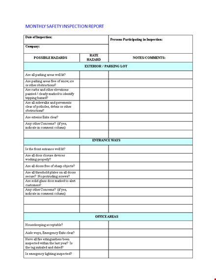 monthly safety report: indicate concerns, hazards & safety template
