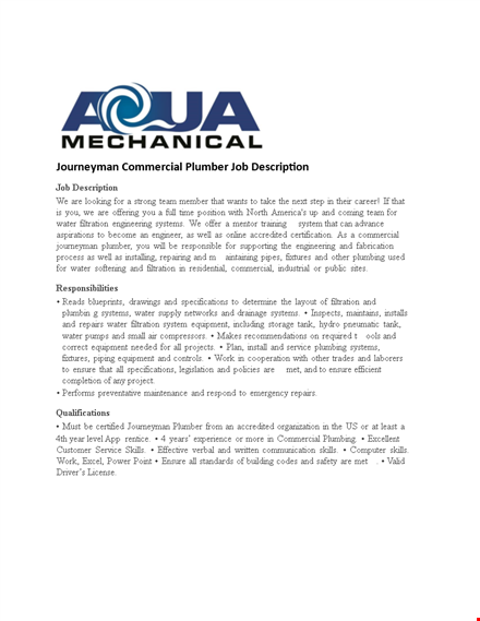 commercial plumber job description template template
