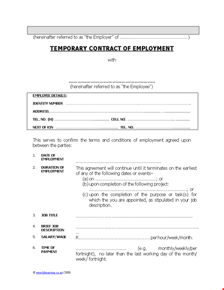 temporary employment agreement template template