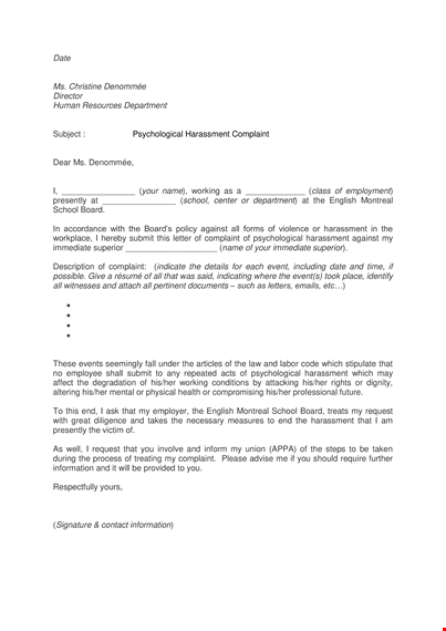 sample harassment complaint letter: addressing school board psychological harassment complaints template