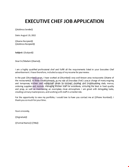 executive chef job application template  template