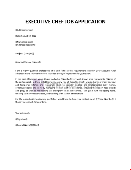 application letter executive chef job