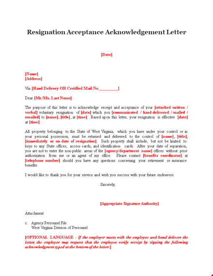 resignation acceptance acknowledgement letter template template