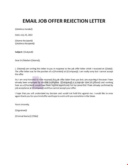 email job offer rejection letter template