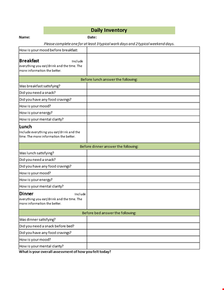 daily inventory example - track before breakfast drink template