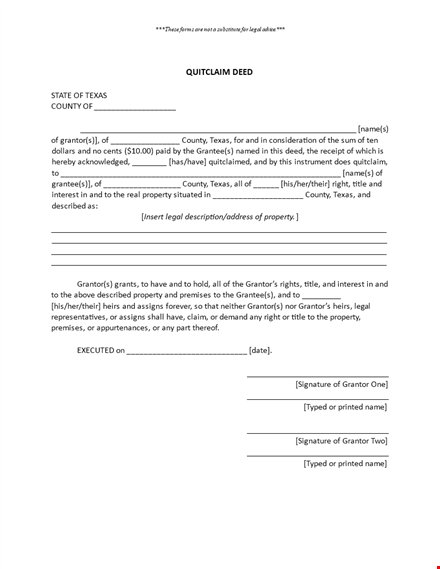 quit claim deed template - legal texas county | grantor quit claim deed template template
