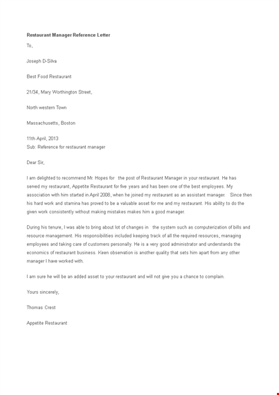restaurant manager reference letter template template