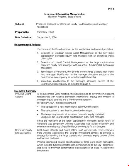 investment committee memo template for manager and board: domestic equity template