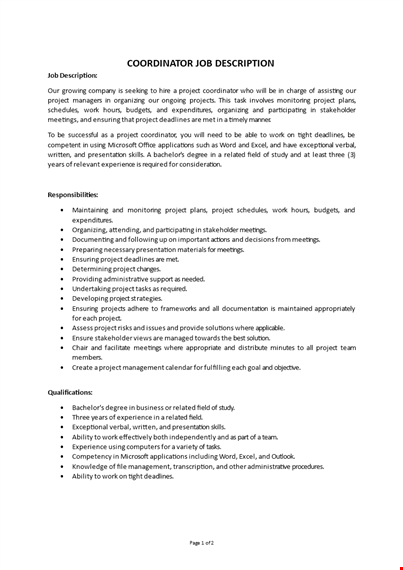 project coordinator job description template