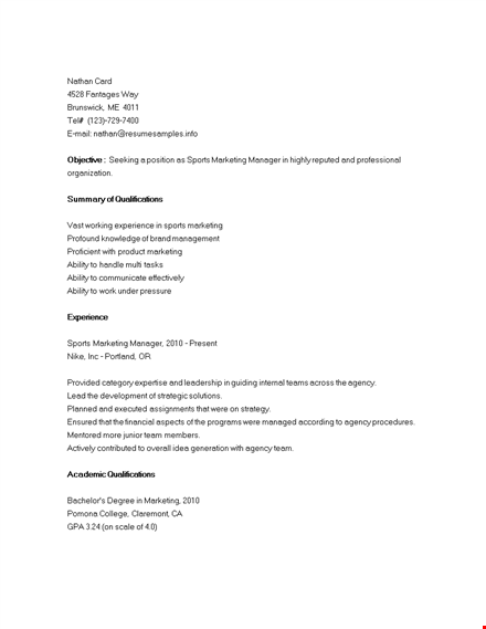 sports marketing manager resume template