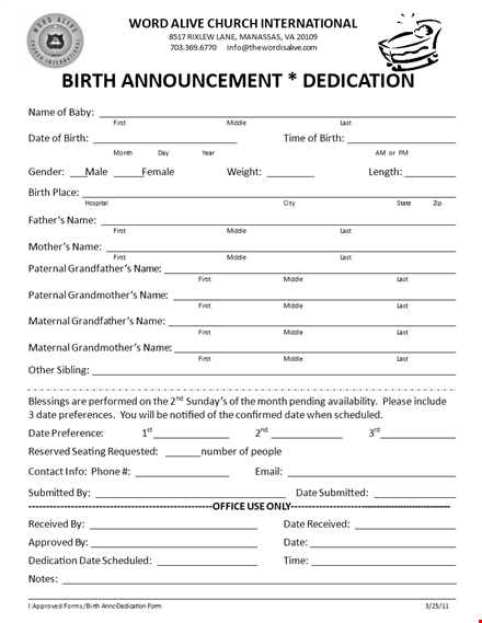 waci birth announcement dedication form template