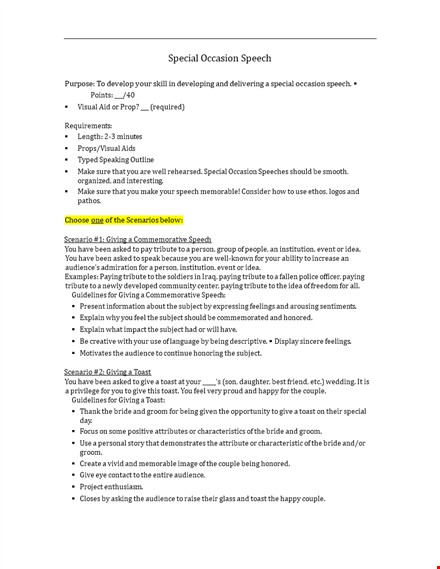 special occasion speech criteria template