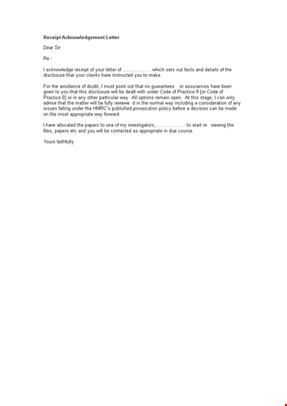 receipt acknowledgement letter format template template