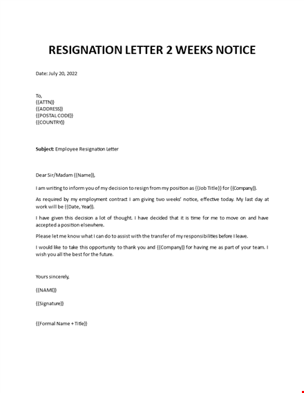 resignation letter two weeks notice template