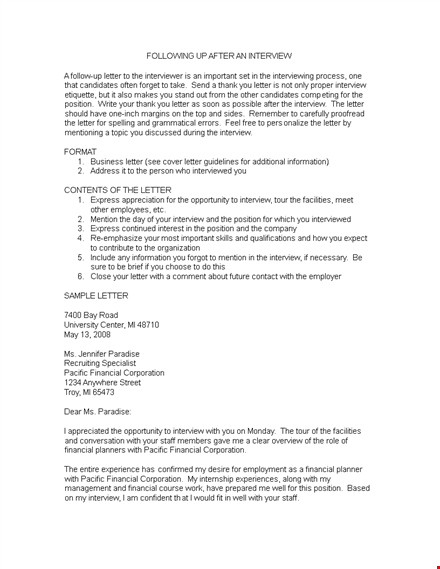interview follow up letter template - thank you letter for financial position interview template