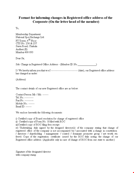 change of address letter template for company office and registered address template