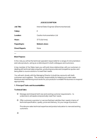 internal sales engineer job description template template