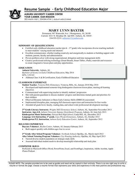 sample preschool teacher resume template | school education auburn early template