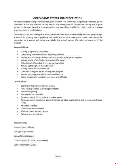 video game tester job description template