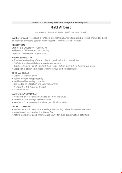 finance internship resume sample and template template